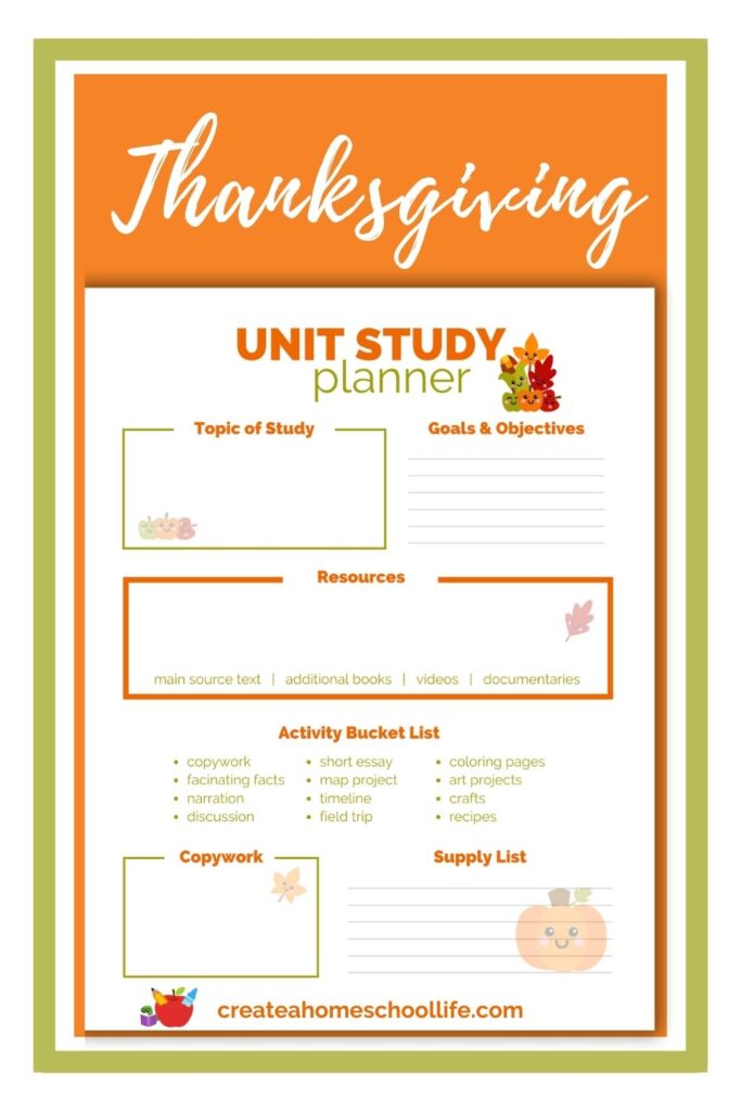 layflat image with the words "thanksgiving unit study planner"