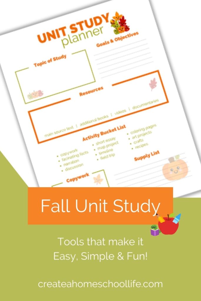 fall unit study layflat pin with words "tools that make it easy, simple and fun"