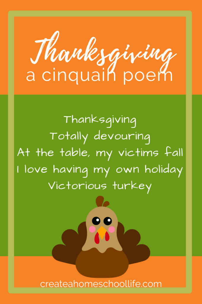 thanksgiving a cinquain poem pin with picture of a kawaii turkey