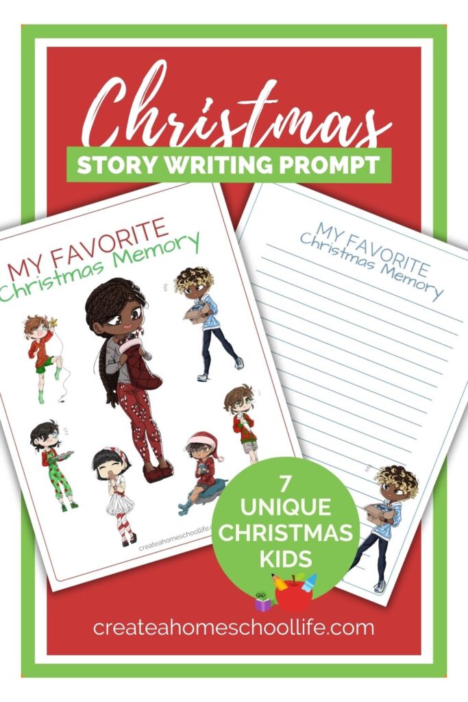 lay flat cover image of my favorite Christmas memory story writing prompt including seven unique multicultural Christmas kids.