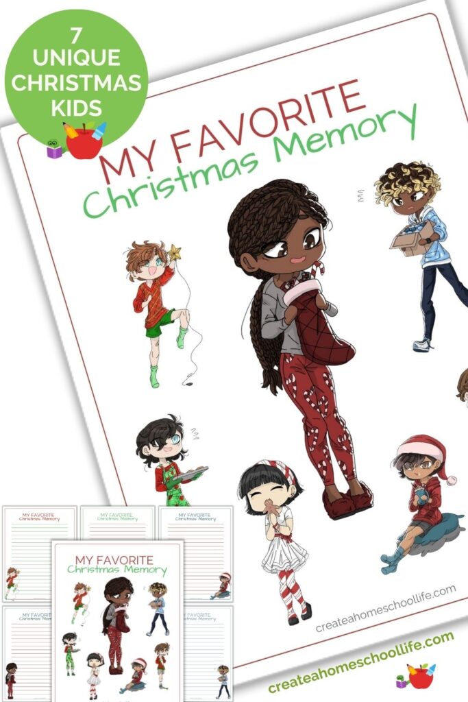 Pinterest pin with lay flat image of my favorite Christmas memory writing prompt including seven unique multicultural Christmas kids.