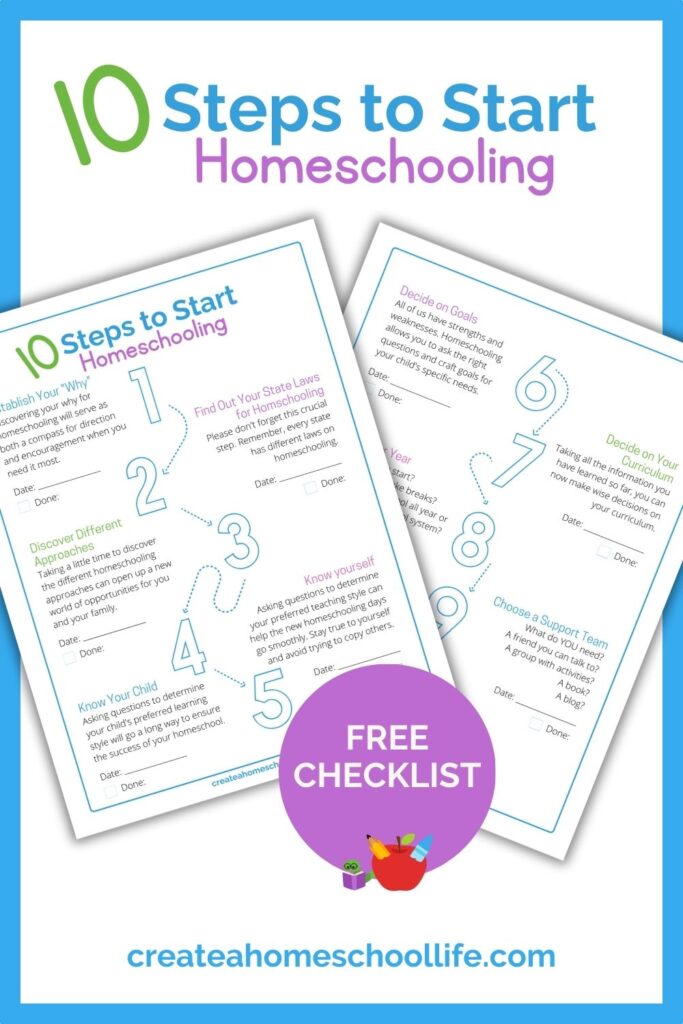 pinterest pin 10 steps to start homeschooling layflat of free checklist