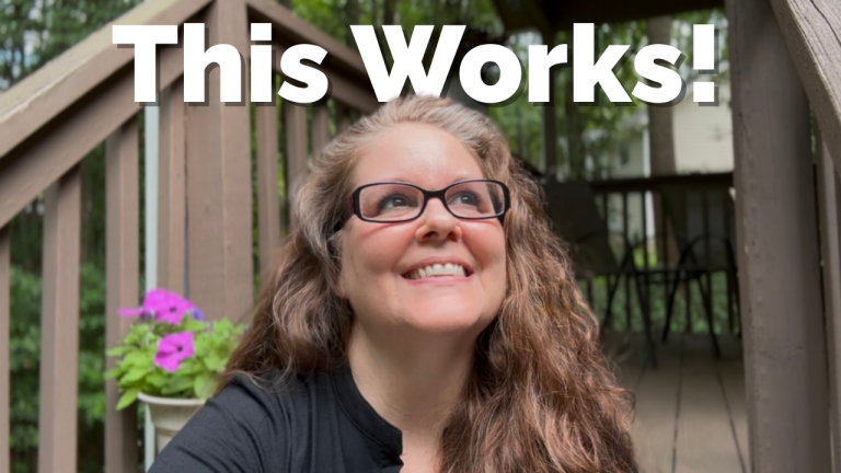 Applying the truth of Romans 8:28 brings peace (upward smile with the words "This Works!" in the porch background